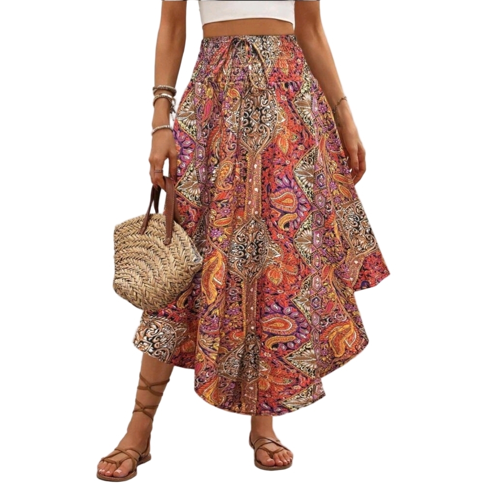 Bohemian Long Skirt Vacay Outfit Boho Hilo Maxi Orange Paisley Plus Size Outfit - Picture 5 of 6